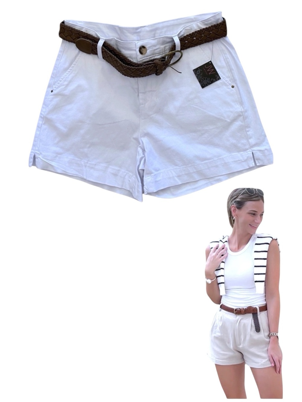 Women’s White Cotton High Rise Shorts with Brown Braided Belt Size 14 NWT